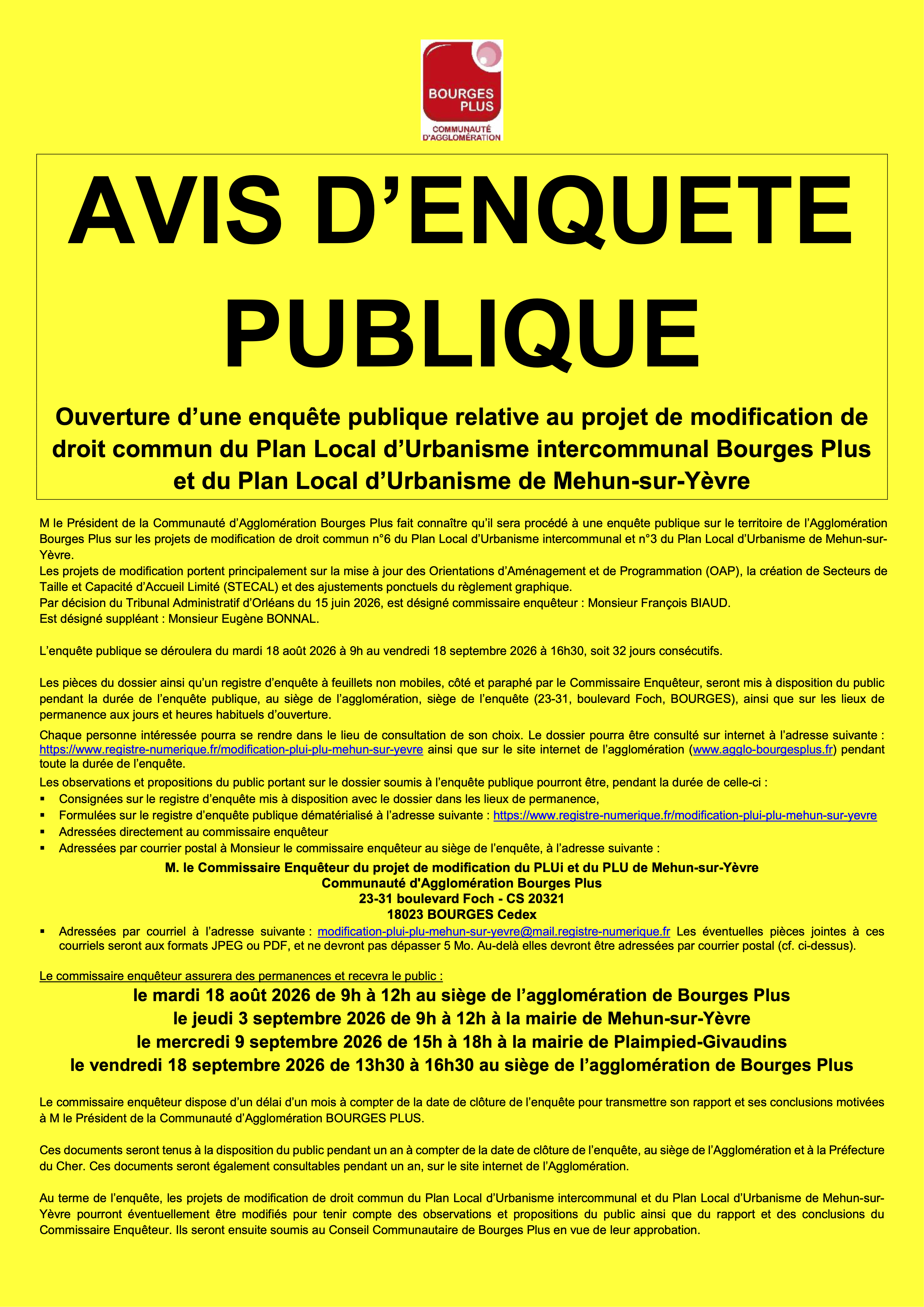 Avis d'enquête publique PLU 2026