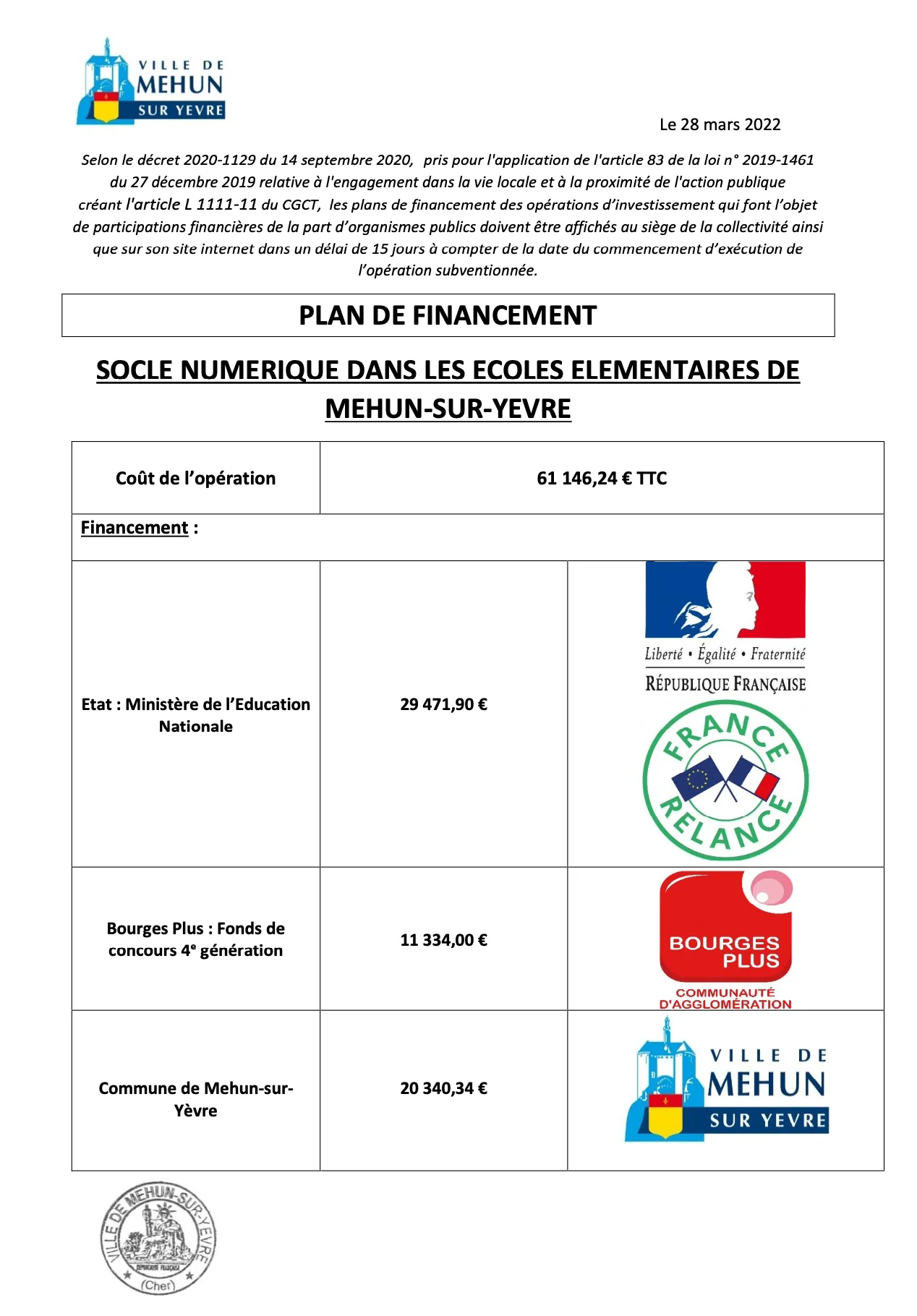 plan de financement socle numérique dans les écoles élémentaires