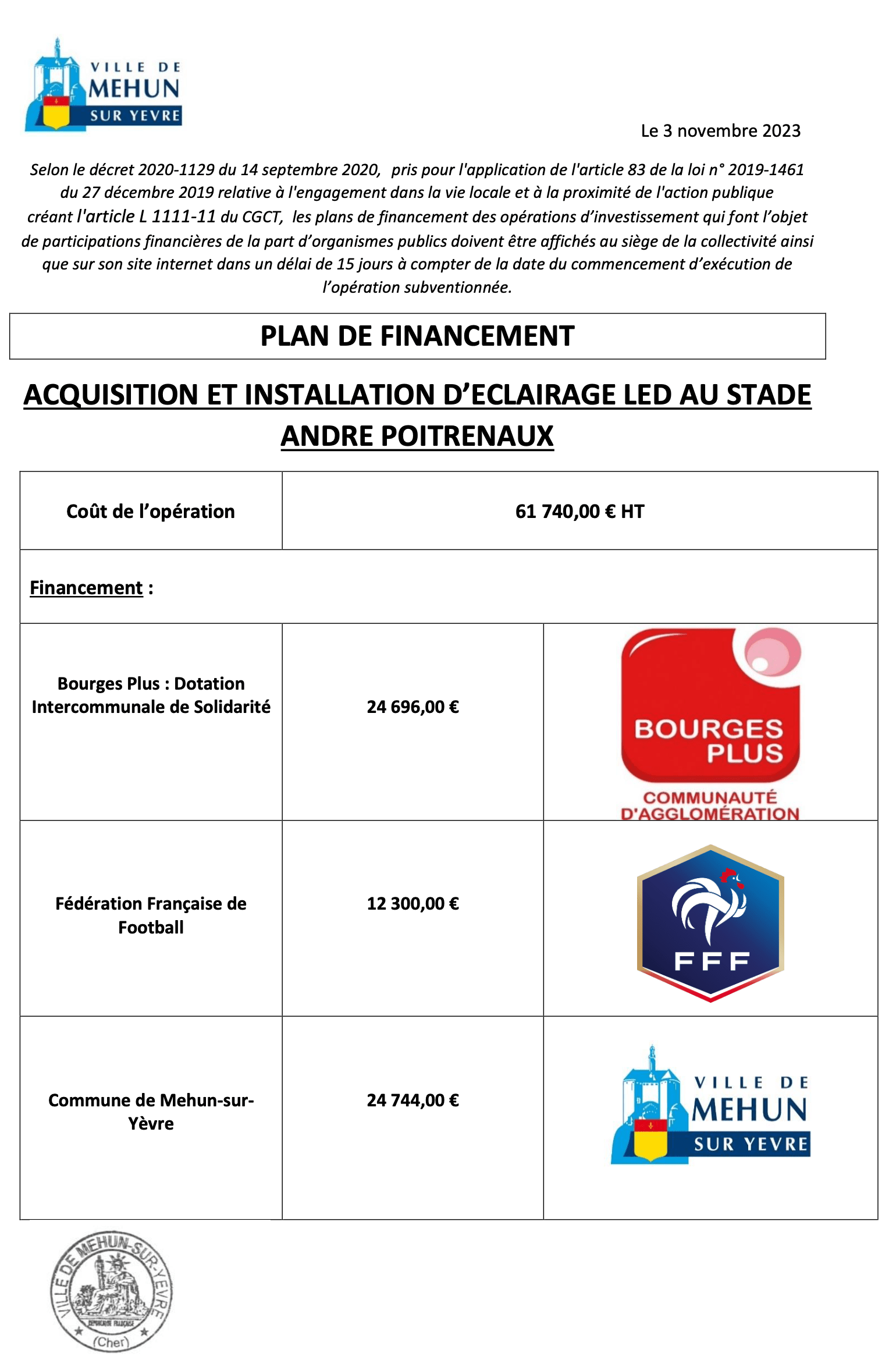 ACQUISITION ET INSTALLATION D’ECLAIRAGE LED AU STADE ANDRE POITRENAUX