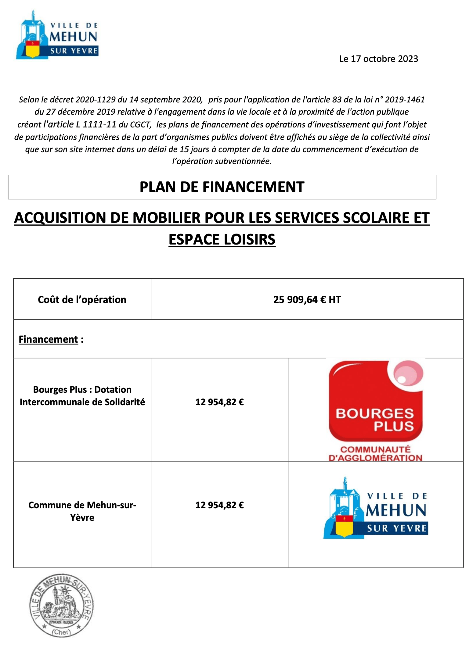 ACQUISITION DE MOBILIER POUR LES SERVICES SCOLAIRE ET ESPACE LOISIRS