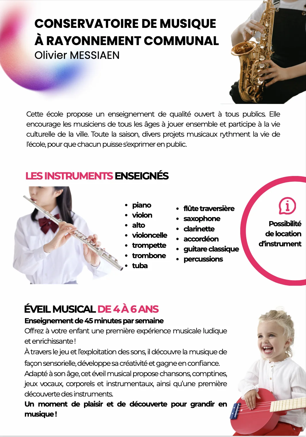 Volet 1 dépliant Pôle d'enseignement Artistique