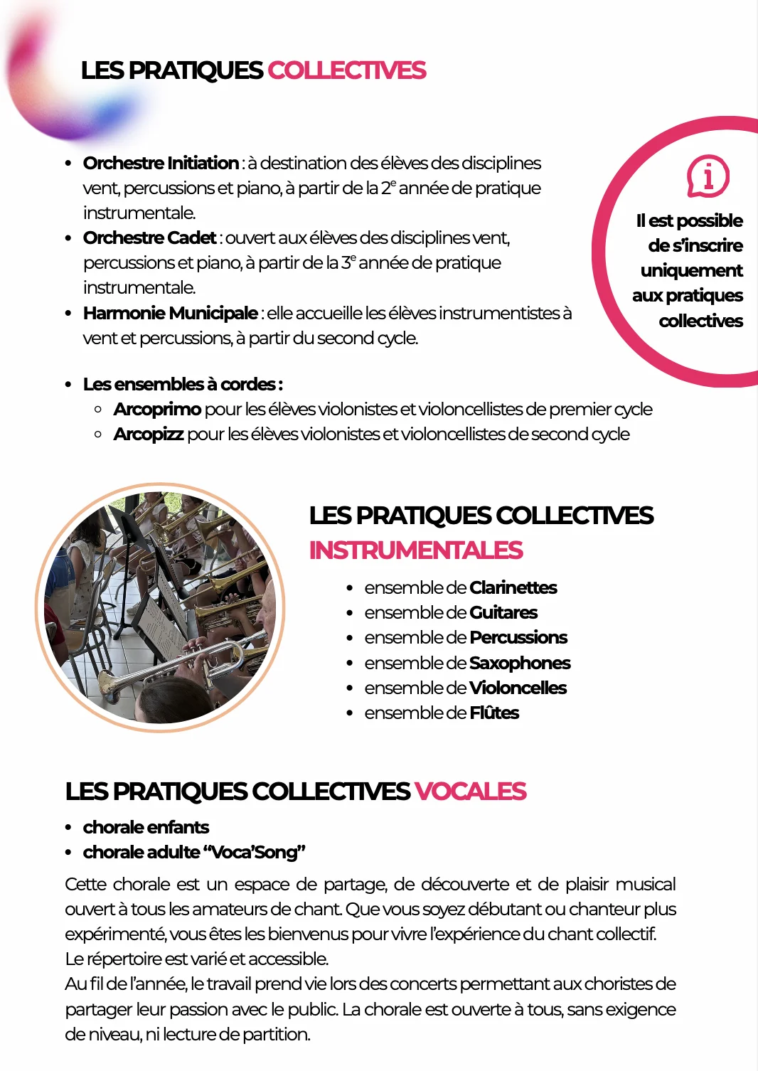 Volet 2 dépliant du Pôle d'enseignement Artistique