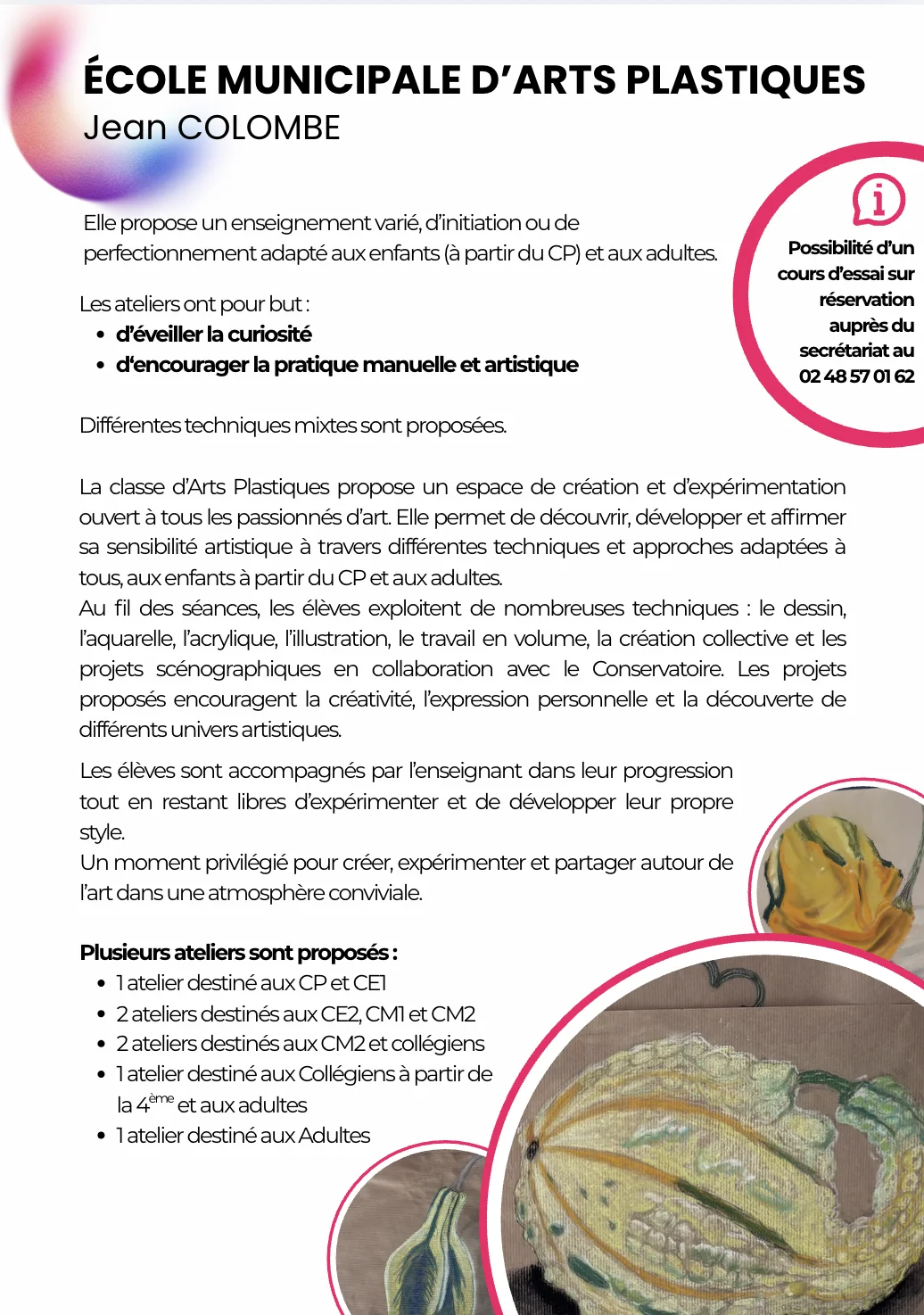 Dépliant PEA informations école d'arts plastiques