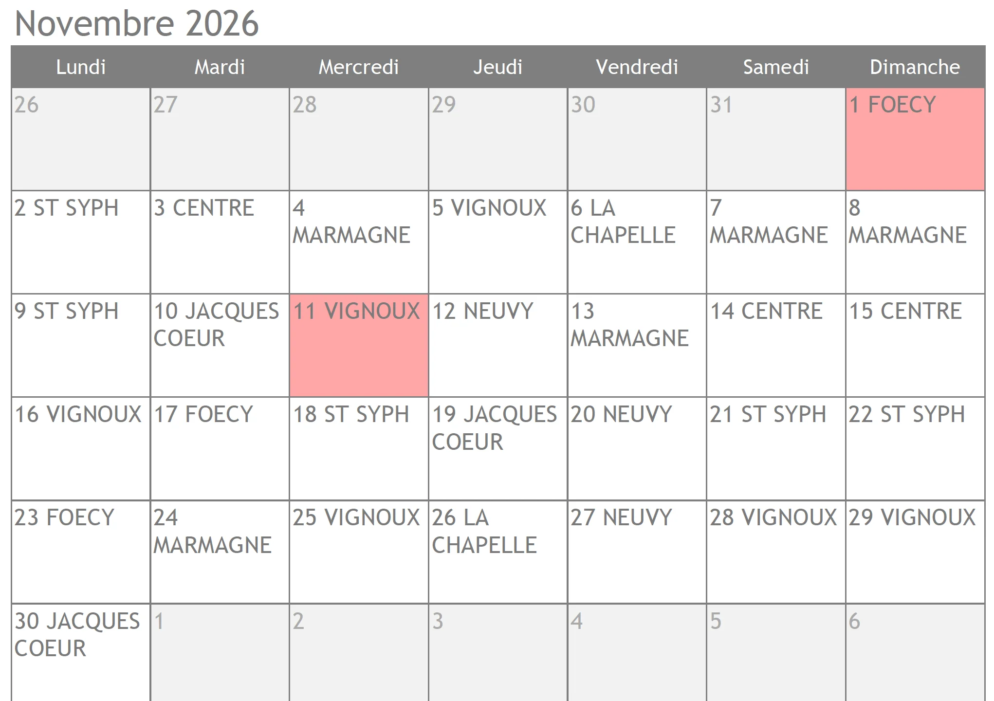 planning pharmacie de garde novembre 2026